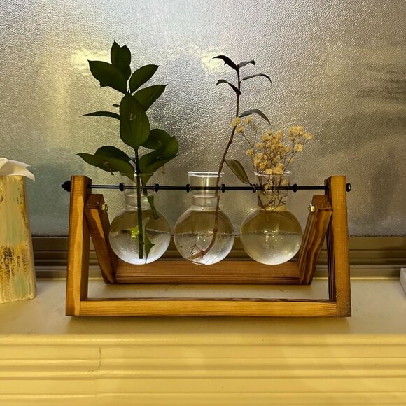 Plant Vase 3 Bulb with Wooden Stand Home Garden Office Decoration Decor - Picture 3 of 12